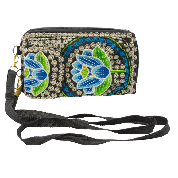 Womens Vintage Embroidered Floral Crossbody Wallet Removable Adjustable Strap - Picture 2 of 10